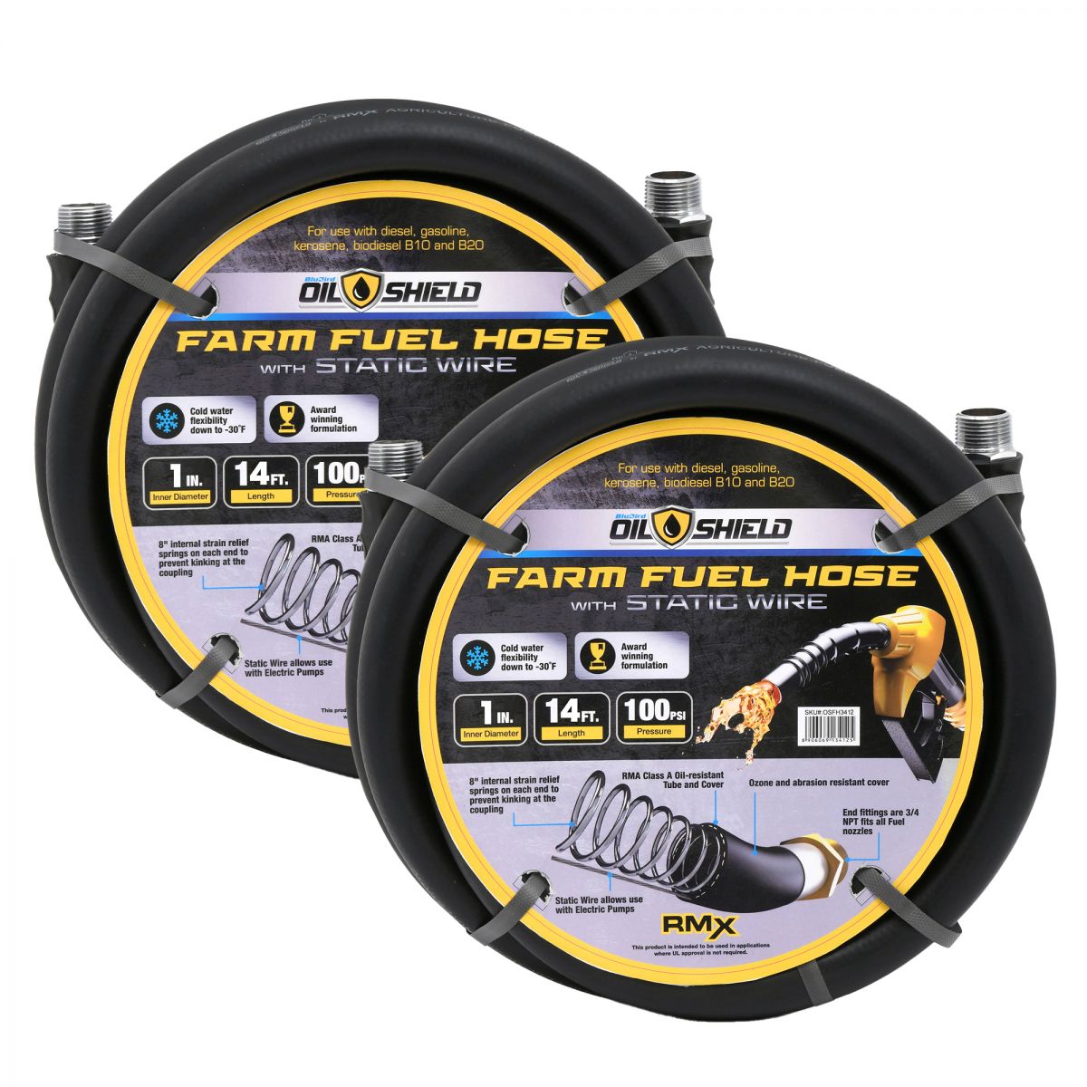 OilShield 1" X 14' Rubber Farm Fuel Transfer Hose with Static Wire, 2-Pack