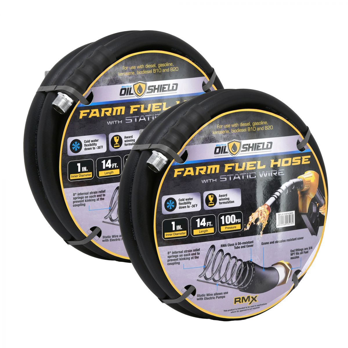 Blubird OilShield 1" X 14' Rubber Farm Fuel Transfer Hose with Static Wire, 2-Pack OSFHONE14-2PK