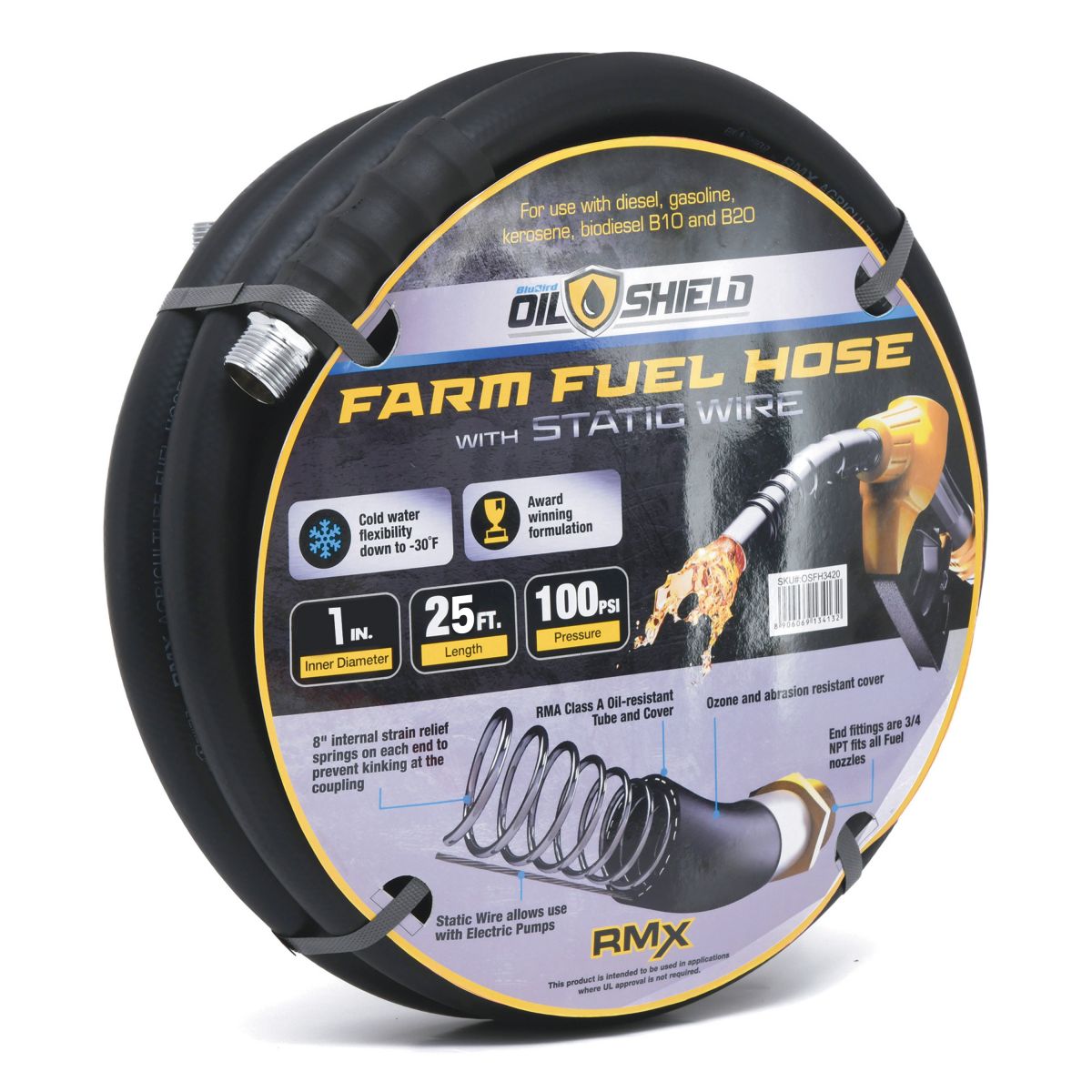 OilShield 1" X 25' Rubber Farm Fuel Transfer Hose with Static Wire