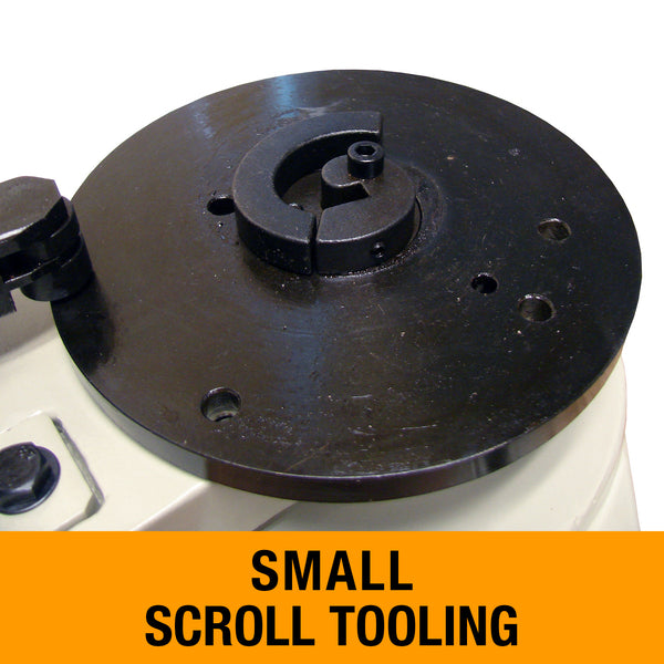 Close up of Baileigh MPB-10 manual scroll bender head with small scroll tooling label.