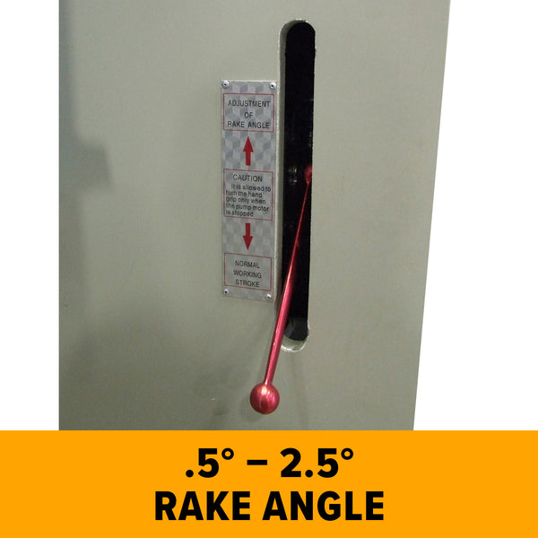 Rake angle control lever and label indicating adjustable 0.5 to 2.5 degree rake