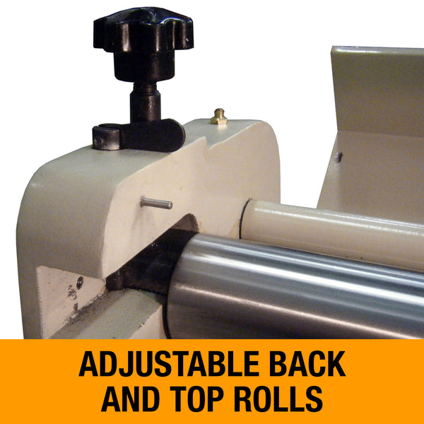 Close-up of adjustable back and top rolls on the Baileigh SBR-5216 sheet metal machine