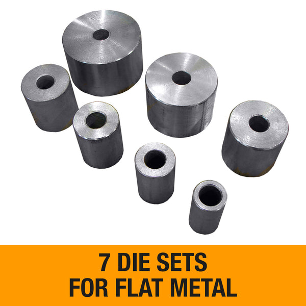 Seven die sets for flat metal displayed together