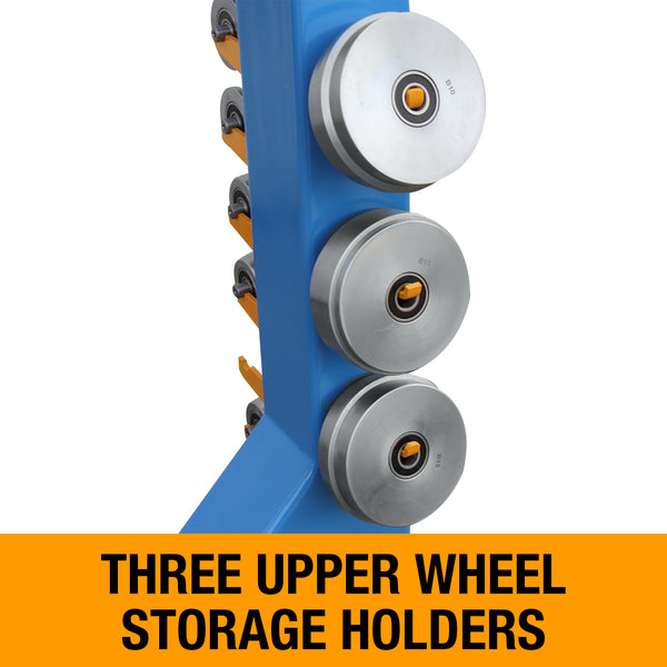 Three upper wheel storage holders attached to the blue machine frame.