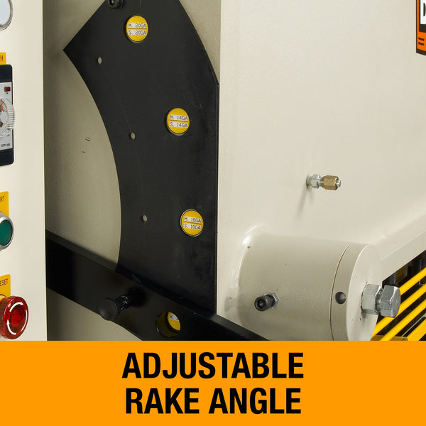 Close view of the adjustable rake angle label on a Baileigh shear with orange banner.