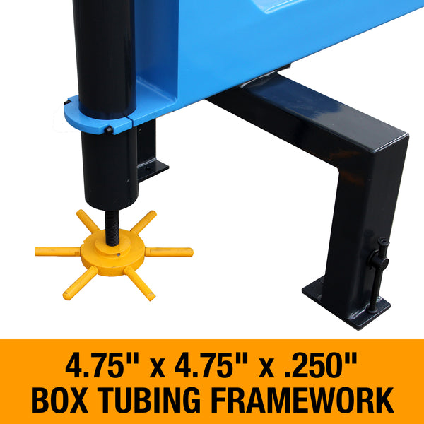 Blue Baileigh EW-45 English wheel frame with a yellow star-shaped adjustment knob.