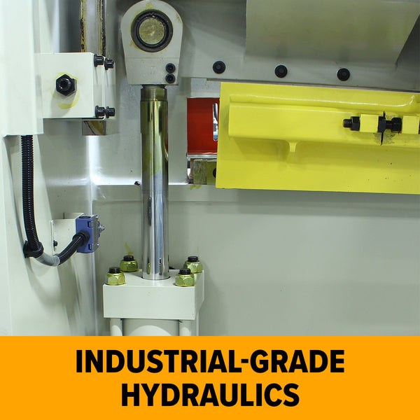 Close up of the hydraulic ram and drive area with an orange industrial grade hydraulics banner