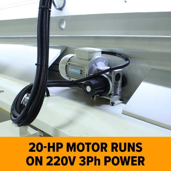 20 HP motor assembly with belt drive mounted on the SH-120500-HD sheet metal shear