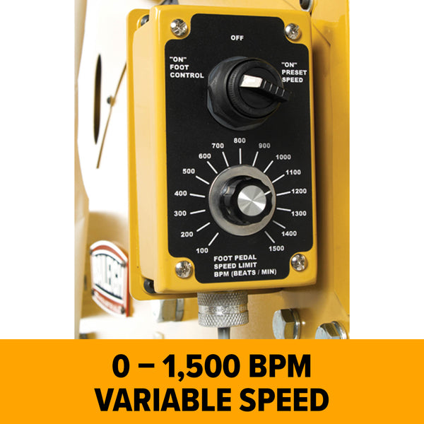 Close up of Baileigh MH-19 yellow power hammer control panel with a black circular speed dial and beats per minute gauge