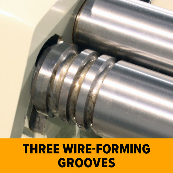 Close up of three wire forming grooves on the slip roll forming rollers