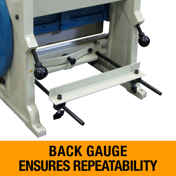 Back gauge assembly on Baileigh SBR-1220 for repeatable sheet metal positioning