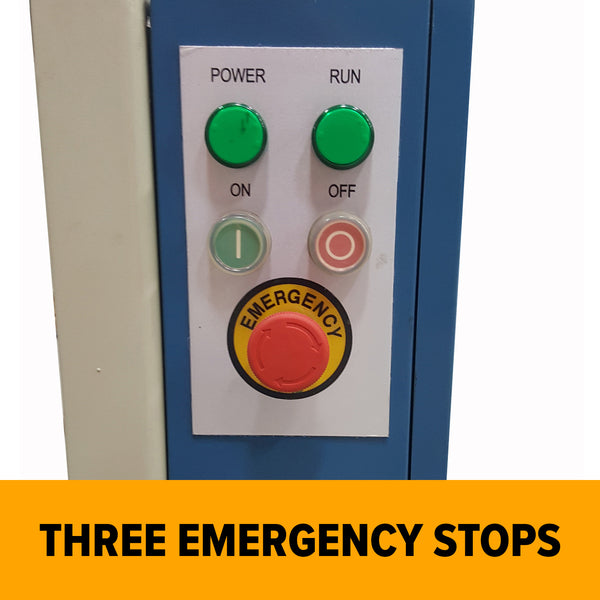 Control panel with power and run green buttons and a red emergency stop for the slip roll