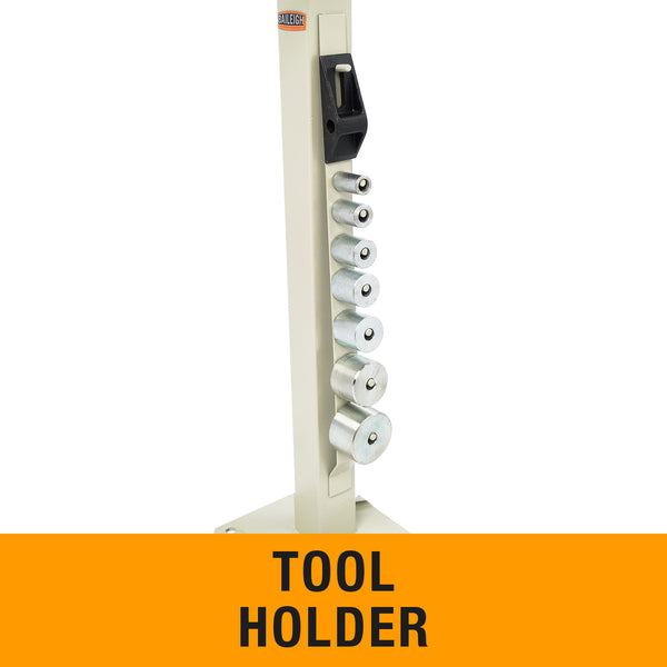 Vertical tool holder with seven dies for the Baileigh MCB-650 compact flat bar bender