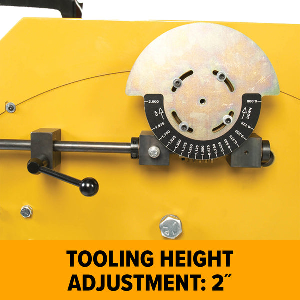 Baileigh MH-19 power hammer yellow frame close up with tooling height adjustment dial.