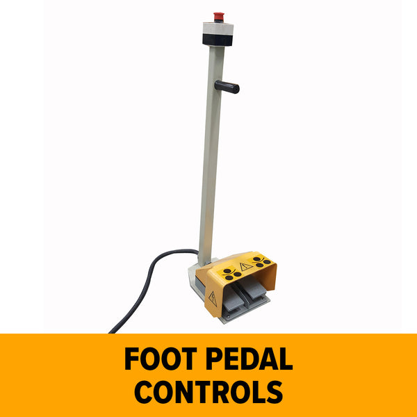Foot pedal control station with yellow housing and green start buttons on a vertical stand