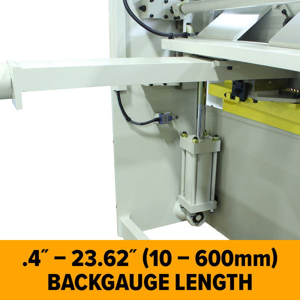 Section of Baileigh SH-70250-HD hydraulic plate shear with front support arm and hydraulic components