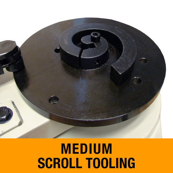 Close up of Baileigh MPB-10 manual scroll bender head with medium scroll tooling label.