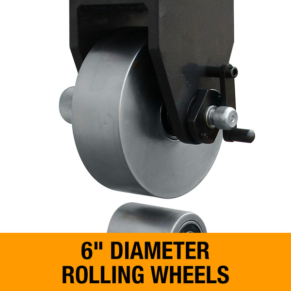 Close-up of the English wheel wheel assembly showing a large upper rolling wheel and mounting hardware