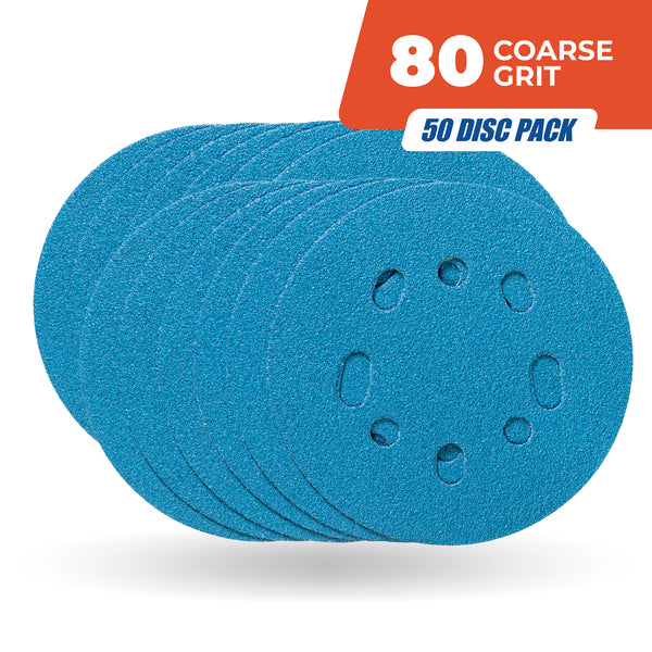 Kreg 5 in 80 grit sanding discs, 50-pack blue with hook and loop backing and 8-hole dust extraction for 5 in random orbit sanders.