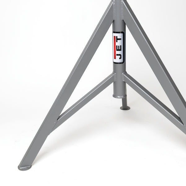 Front view of a grey Jet fixed pipe jack stand with steel V-head and three-legged base