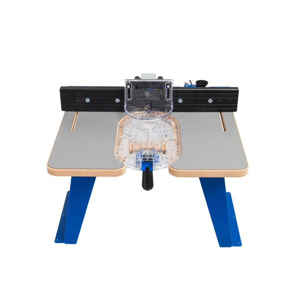 Front view of Kreg Dock and Go Trim Router Table with gray top blue legs and clear base plate.