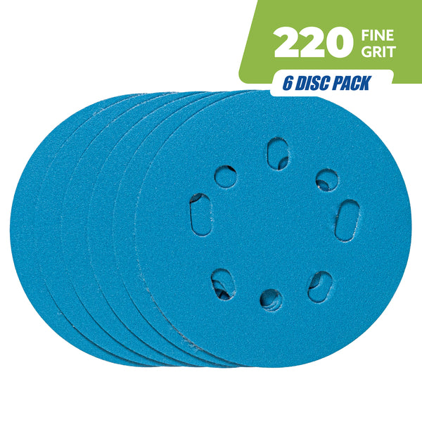 Six blue 5 inch hook and loop sanding discs with 8 hole dust pattern for random orbit sanders 220 grit