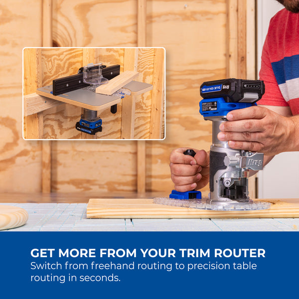 Trim router mounted in a Kreg Dock and Go table on a workbench with fence and mounting setup.