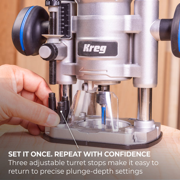 Close-up of the Kreg plunge router base with adjustable turret stops and clear base plate over a wood workpiece.