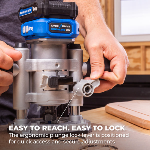 Close-up of hands attaching the Kreg Trim Router Plunge Base with Guide Bushing Adapter to a router.