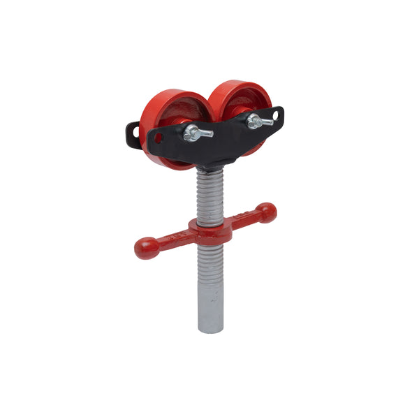 Jet steel roller head assembly with two red rollers on a black mounting plate and vertical threaded shaft shown with side mounting holes and bolts
