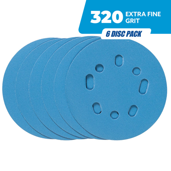 Six blue 5 inch hook and loop sanding discs with 8 hole dust pattern for random orbit sanders 320 grit