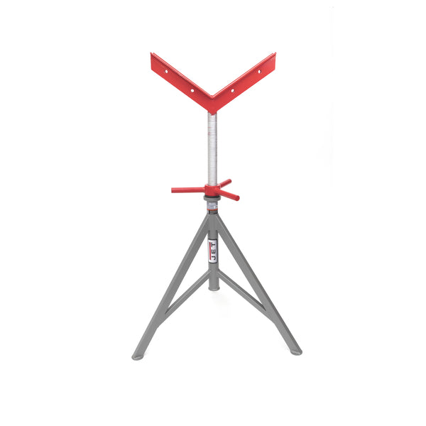 Jet JPJ-BFX-V fixed pipe jack stand with red crank handle and steel V head on grey tripod base