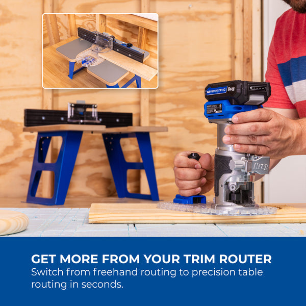 Person uses a trim router beside a Kreg Dock and Go Trim Router Table in a woodworking shop.