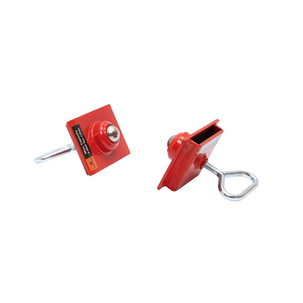 Two red steel ball transfer heads with attached handle shanks for V-head pipe jacks