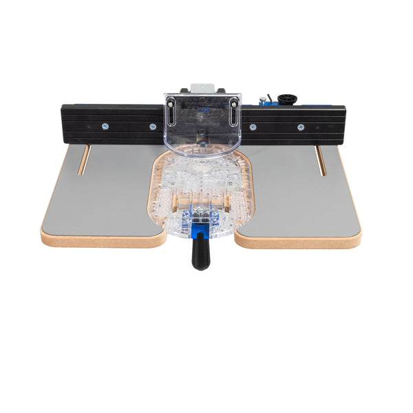 Kreg Dock and Go Trim Router Table Top with black fence and clear guard on a light wood surface.