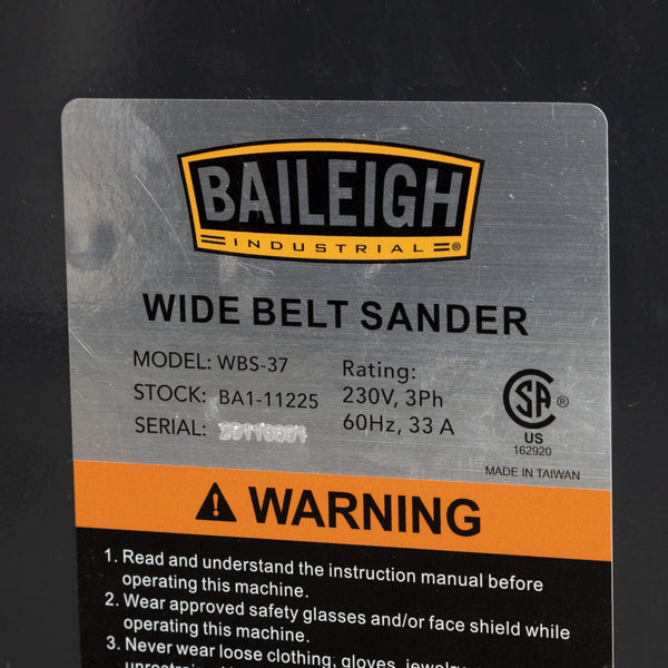 Baileigh WBS-37 37" x 60" Wide Belt Sander 10 HP 3-Phase 230V BA1-11225