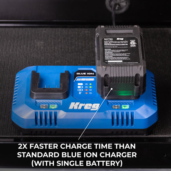 Two Kreg 20V Blue Ion batteries seated in the dual fast charger on a blue base