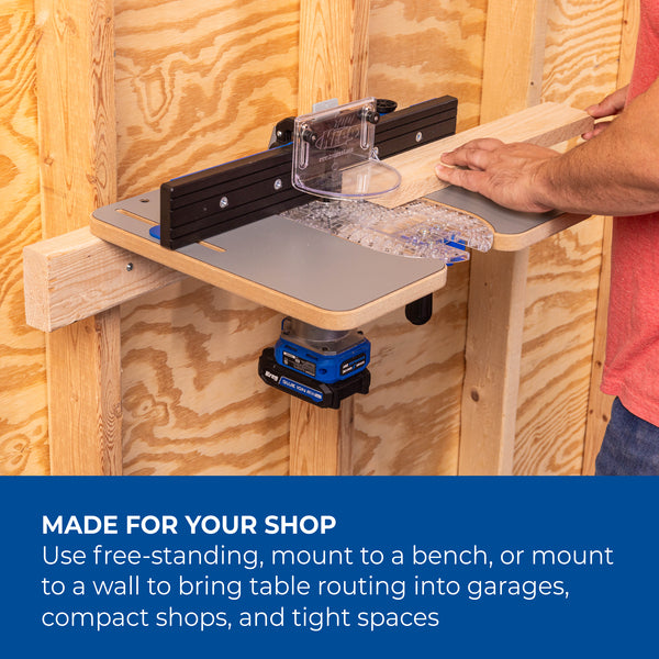 Kreg Dock & Go Trim Router Table mounted on a wooden workbench with base and legs and a clear base plate for trim routers