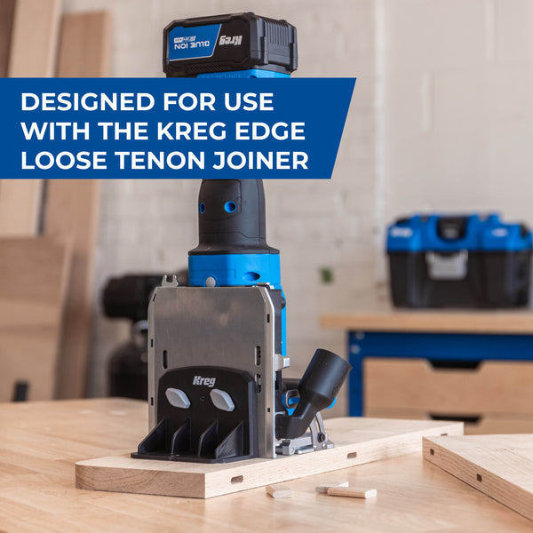Workshop scene showing the Kreg Edge loose tenon joiner mounted on a wooden base with a cordless drill nearby