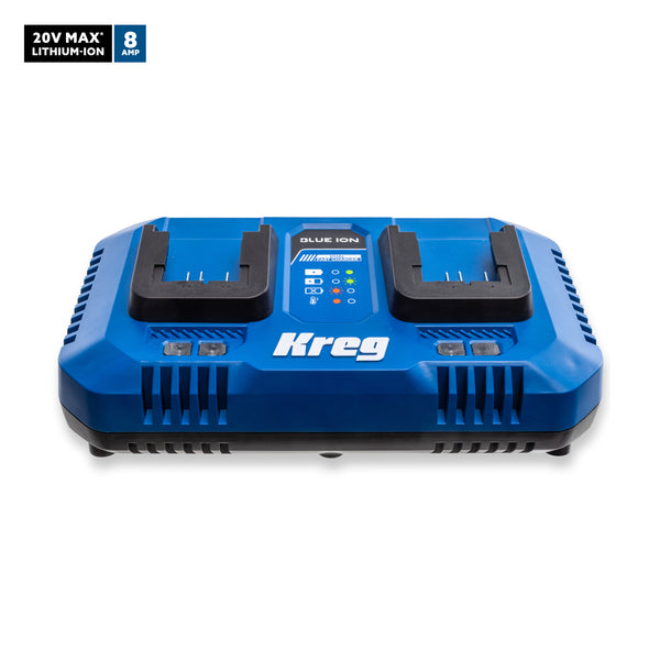 Front view of Kreg 20V Blue Ion Dual Fast Battery Charger showing two battery slots and status panel.