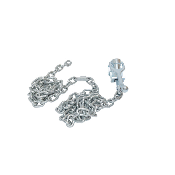 Coiled steel chain with a pipe hold down clamp at one end for securing large pipes to a mobile stand