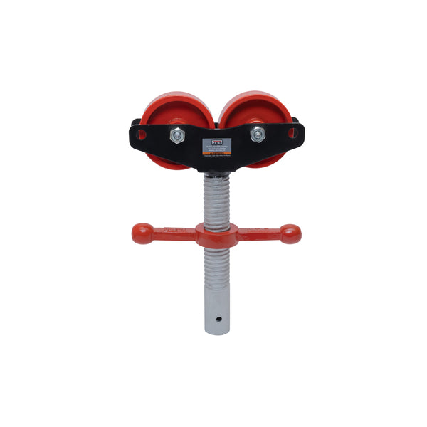Jet steel roller head assembly with two red rollers on a black mounting plate atop a vertical threaded shaft and red crossbar handle