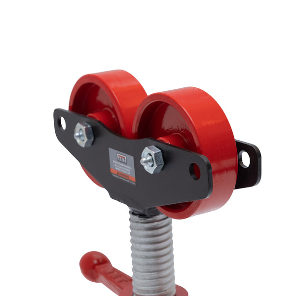 Jet steel roller head assembly with two red rollers black mounting bar threaded stem and red crank handle