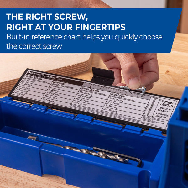 Open Kreg jig accessory case showing the screw length reference chart for quick selection