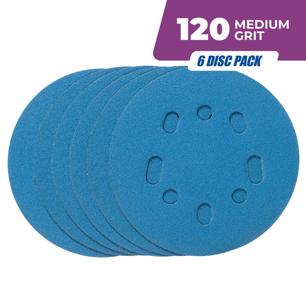 Six blue 5 inch 120 grit hook and loop sanding discs stacked together