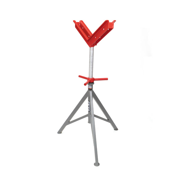 Front view of Jet JPJ-BFX-V fixed pipe jack stand with red V head and grey tripod base