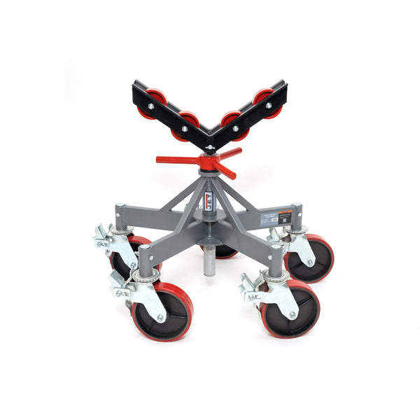 Jet low-profile five-leg pipe jack stand with casters and steel rollers on a gray metal frame