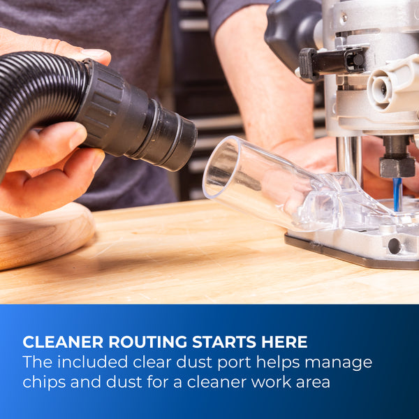 Vacuum hose attached to the Kreg router base to collect chips during routing.