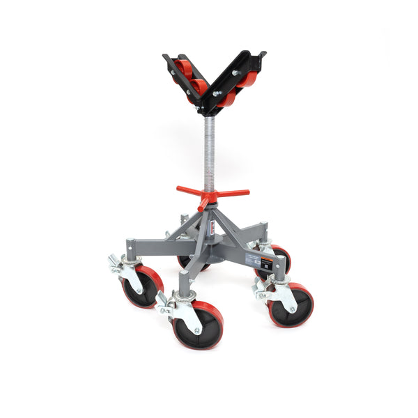 Low-profile five-leg pipe jack stand on caster wheels with red rims and steel rollers