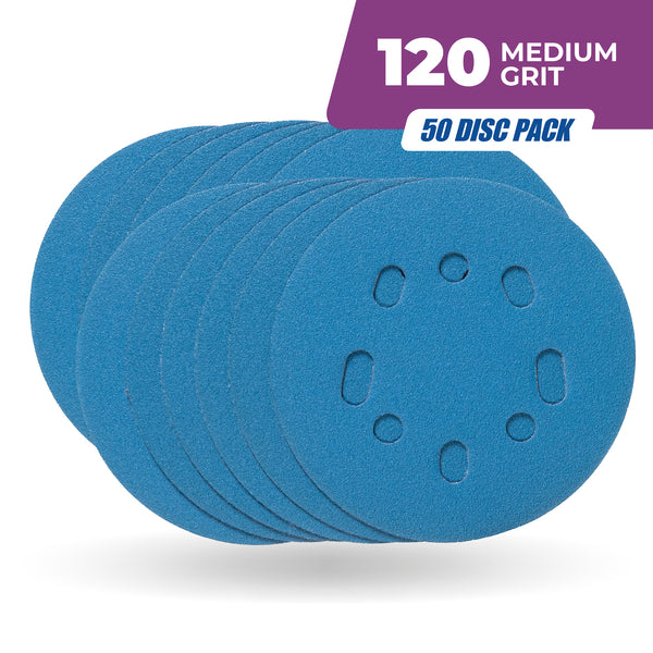 Kreg 5 in 120 grit sanding discs, 50-pack in blue with hook and loop backing and 8-hole dust extraction for 5 in random orbit sanders.